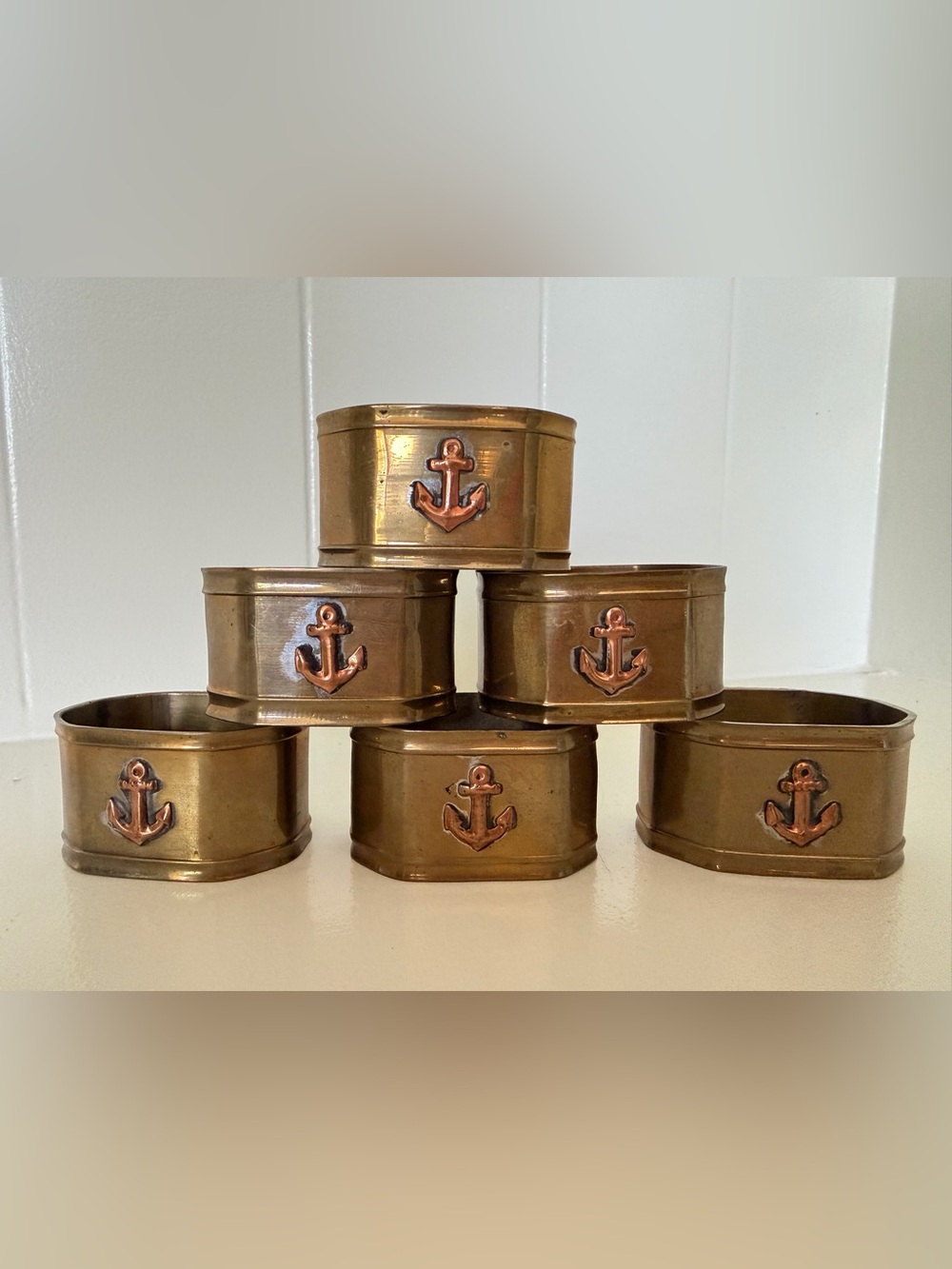 Vintage Brass Copper Anchor Napkin Rings Set of 6 Nautical Coastal